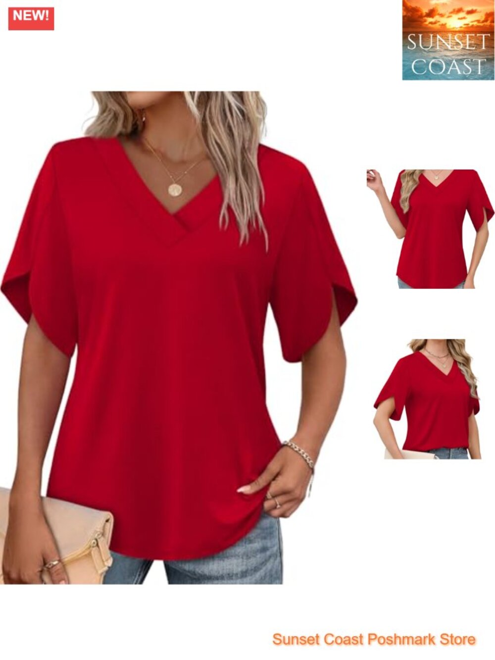 Womens Summer Top Short Petal Sleeve V Neck Loose Fit Casual Shirt
